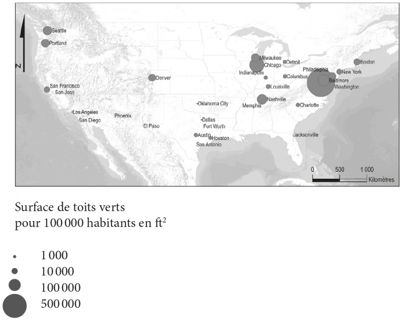 Figure 2. Cartographie des surfaces de toits verts par habitants installés entre 2010 et 2013 dans les trente villes américaines les plus peuplées 