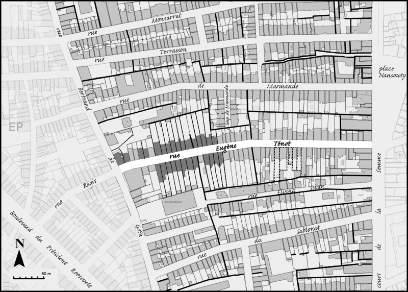 Fig. 3- Limites parcellaires du cadastre de 1851 (en noir) reportées sur le plan cadastral actuel : l’un après l’autre, chaque propriétaire a loti sa parcelle  