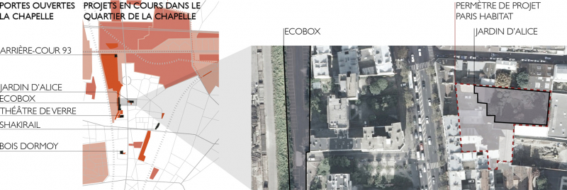 Fig. 2 : Les lieux des Portes ouvertes de La Chapelle et périmètres de rénovation du quartier. La parcelle du Jardin d’Alice
