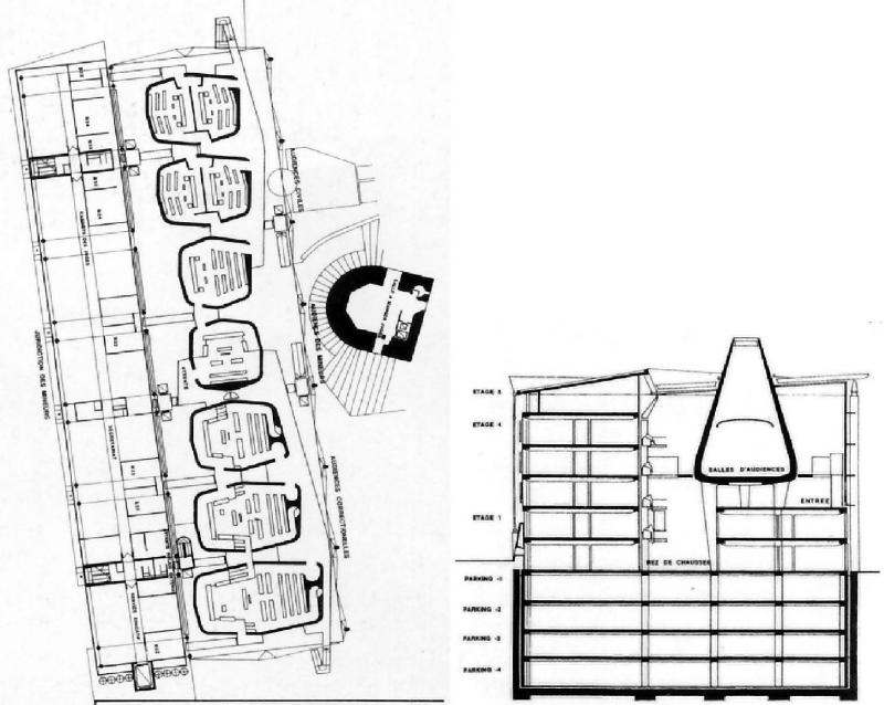Illustration 1 : Planche de concours : plan au niveau des salles d’audience (Nord vers le haut de l’image) et coupe transversale sur les bureaux et sur les salles d’audience 
